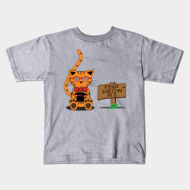 Feed Meow Plz, Funny Orange Tabby Cat Kids T-Shirt by emojiawesome